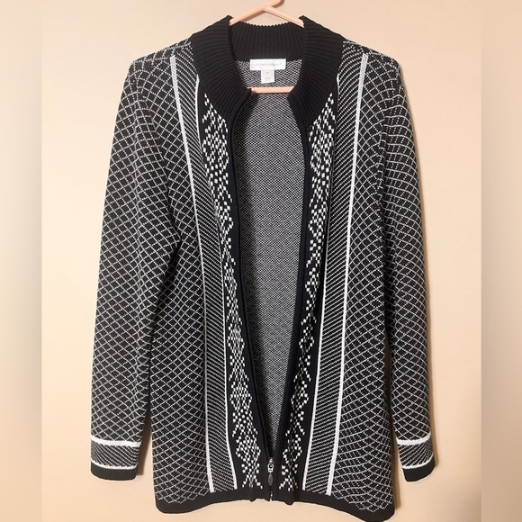 Christopher & Banks Black White Fair Isle Knit Zip Cardigan Sweater Medium Cozy - Picture 3 of 8